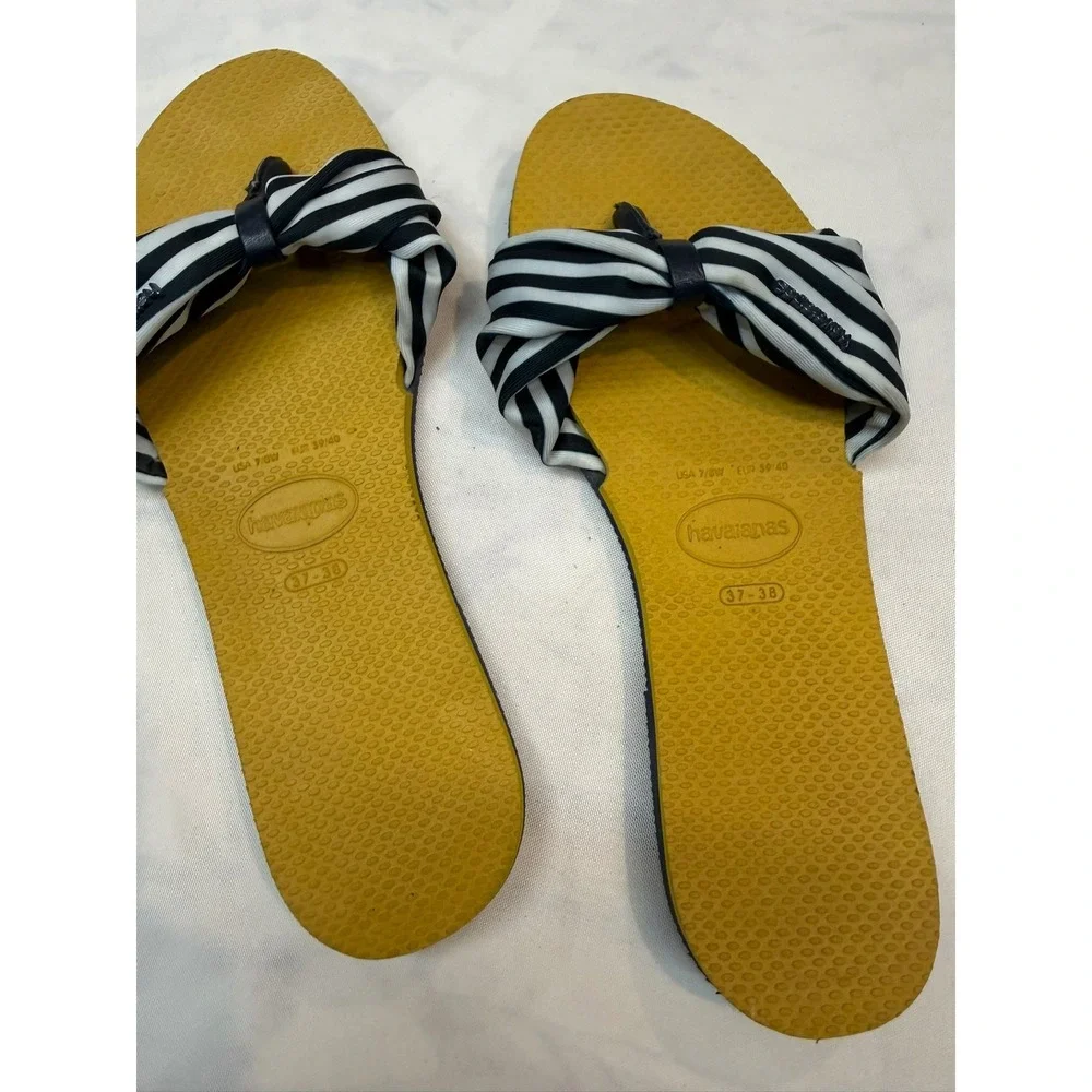 HAVAIANAS Womens 37-38 Yellow Black White Stripe Bow Flip Flop Thong Sandal